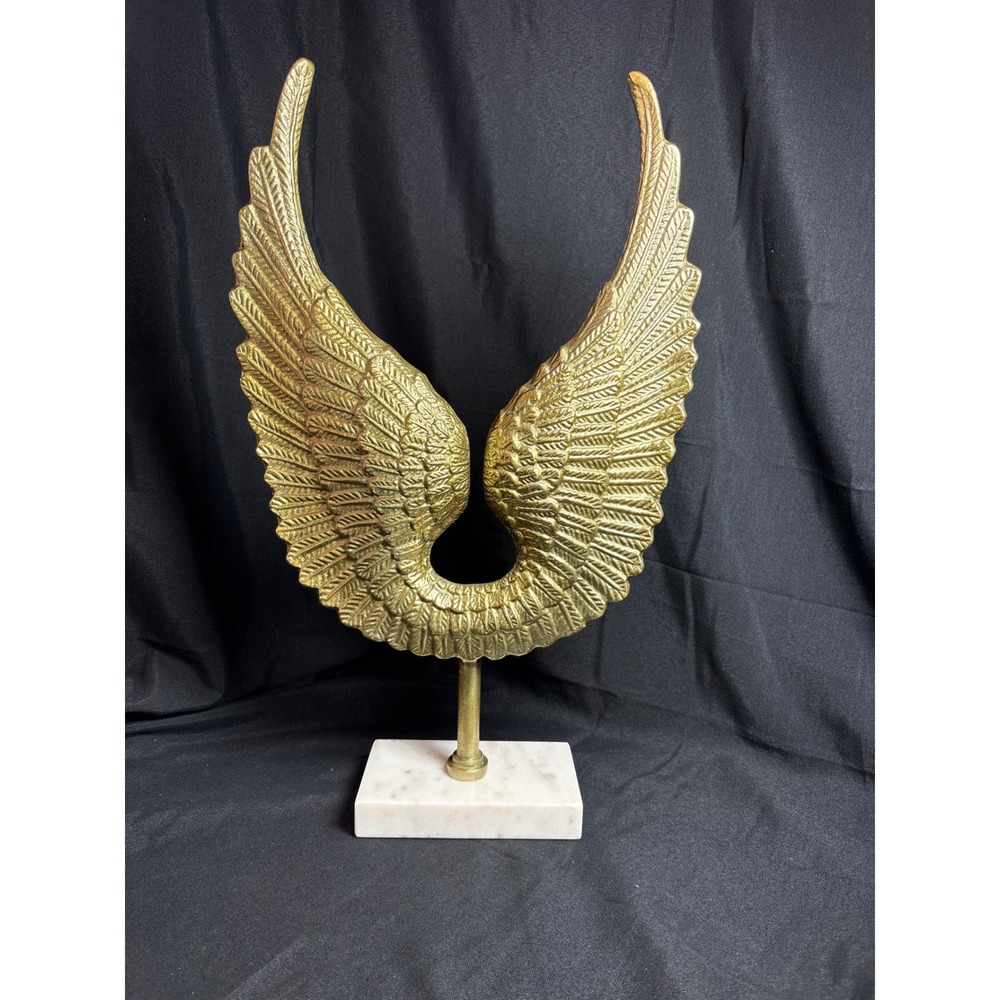 Gold Angel Wings Metal‎ Sculpture on Marble Base Tabletop Decor 18.5 Inch India